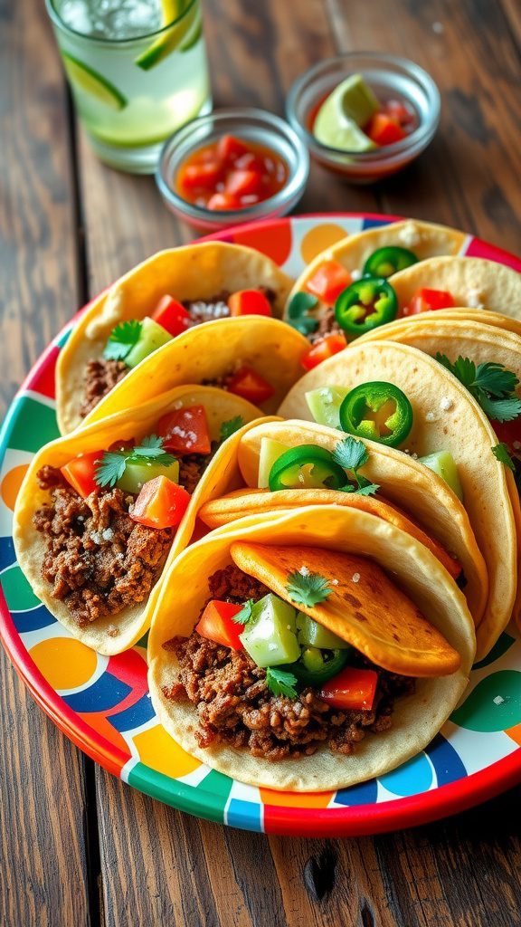 a plate of mexican ground beef tacos topped with lettuce, tomatoes, and cheese, served with salsa.