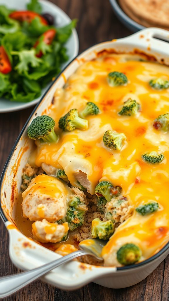 cheesy broccoli chicken casserole in a baking dish on a wooden table, served with a side salad.