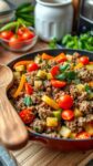 a colorful ground beef and vegetable skillet, garnished with parsley, on a wooden table.