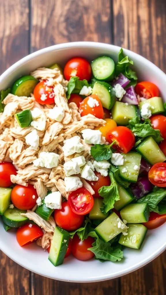 a healthy rotisserie chicken salad with vegetables and feta cheese on a rustic wooden table.
