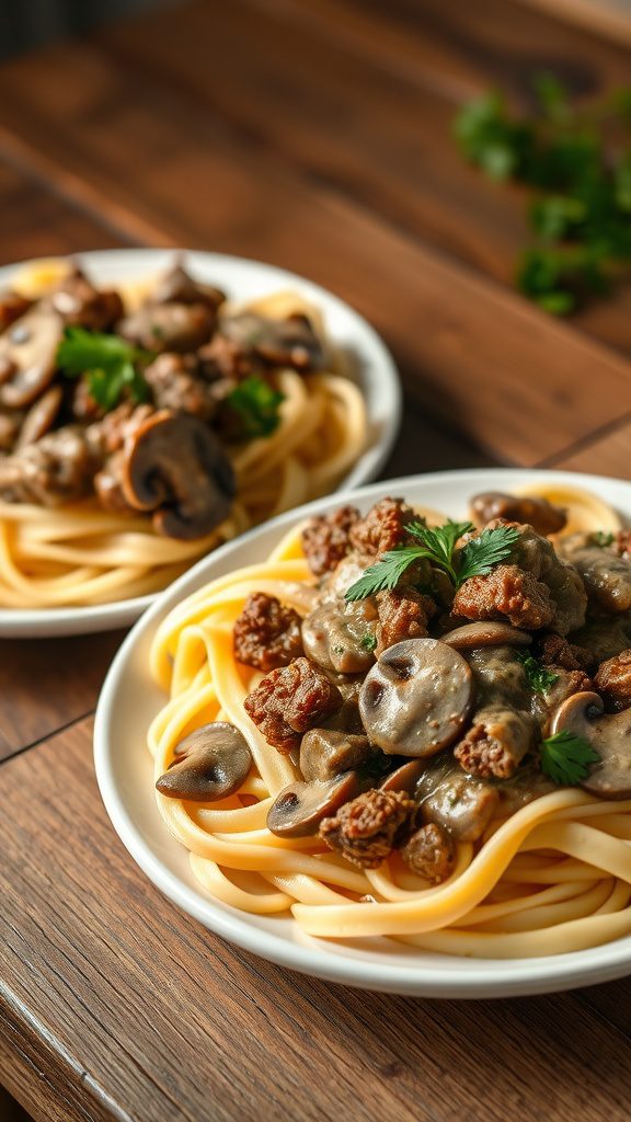 a plate of ground beef stroganoff with mushrooms over egg noodles, garnished with parsley.