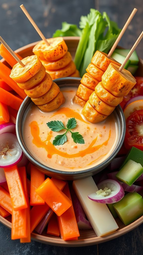 a bowl of homemade bang bang sauce surrounded by colorful fresh vegetables and chicken skewers.