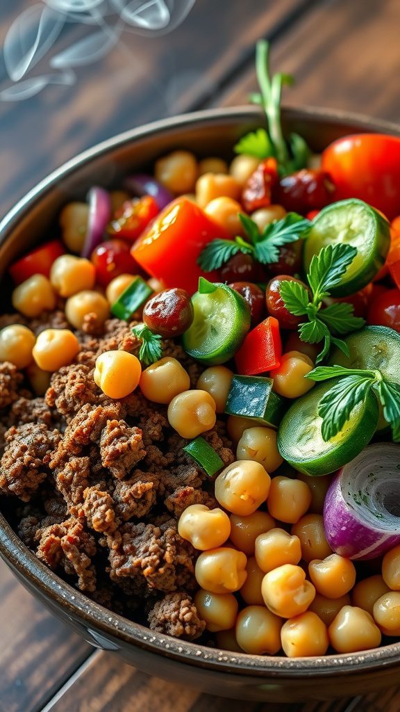 lean ground beef and chickpea mediterranean bowl