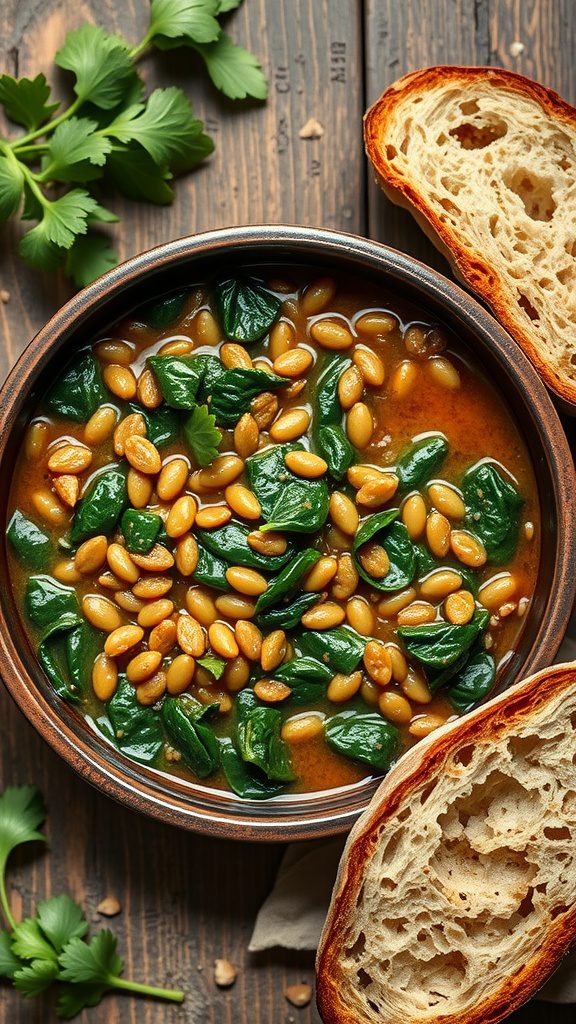 lentil and spinach stew with warm bread