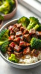 a delicious macro friendly teriyaki ground beef bowl with broccoli and rice.