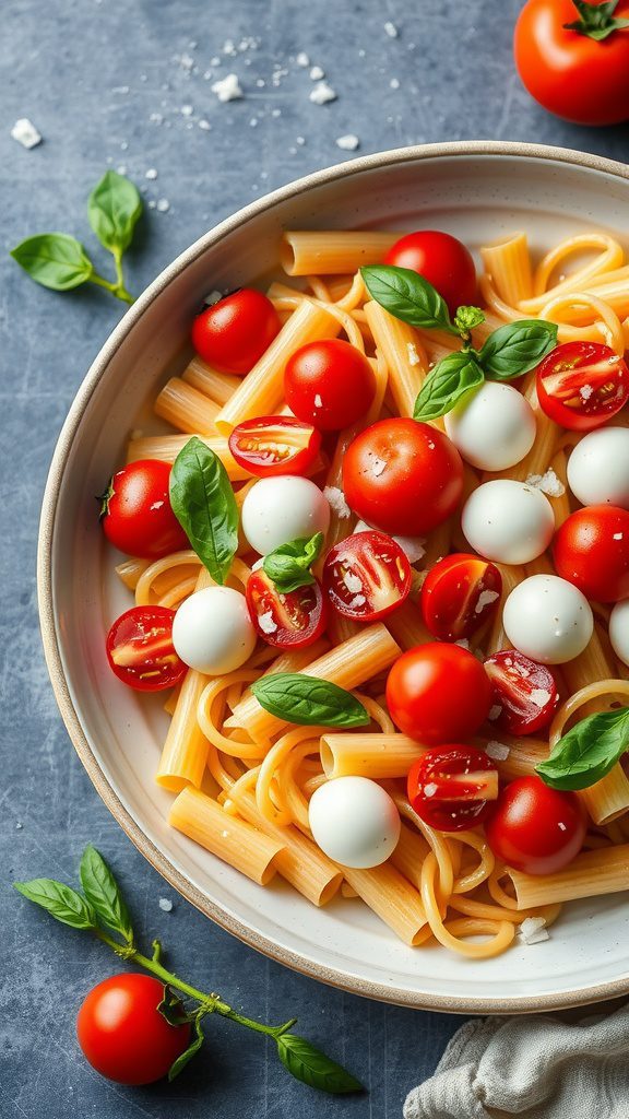 pasta salad with cherry tomatoes and basil