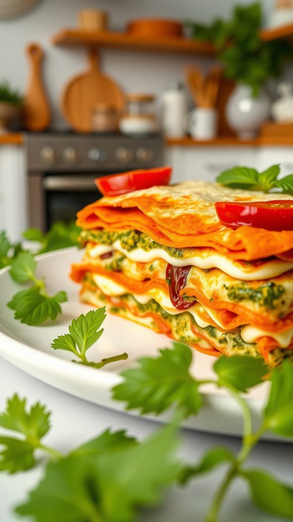 pesto lasagna with sun dried tomatoes