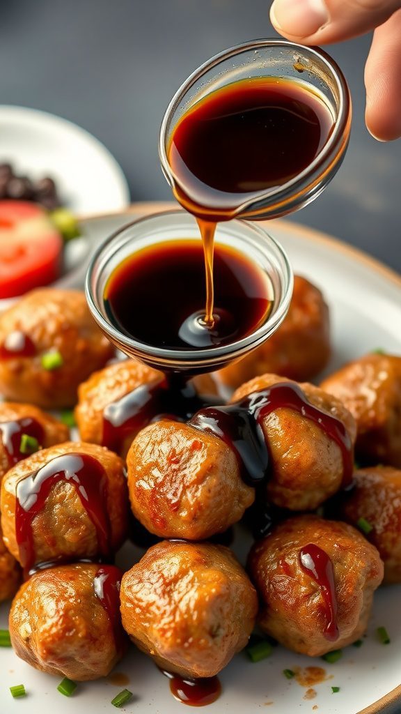 a bowl of sweet and salty soy sauce glaze being drizzled over chicken meatballs