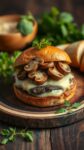 A gourmet Truffle Mushroom Swiss Burger with sautéed mushrooms and Swiss cheese.