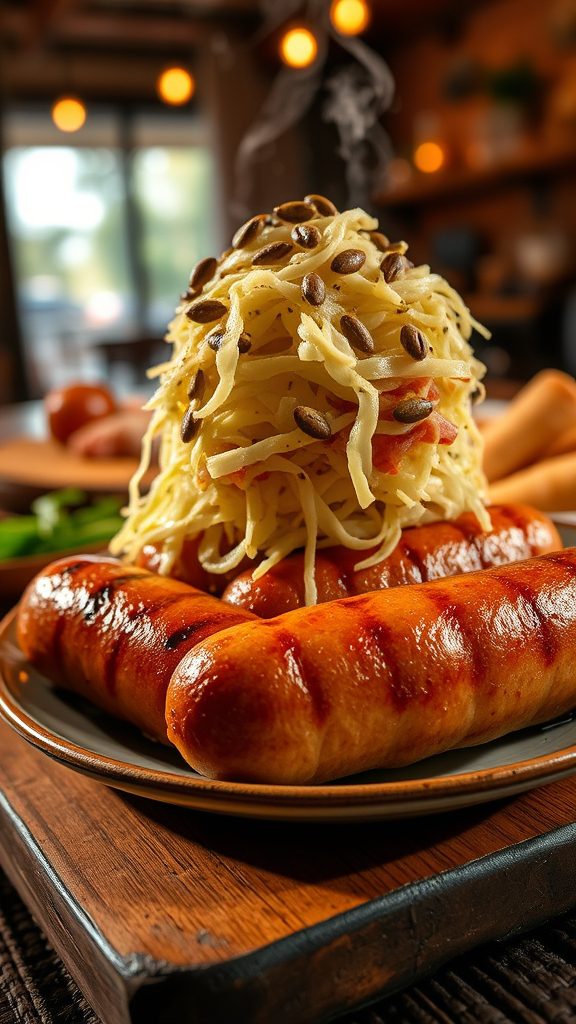 bratwurst with sauerkraut topping