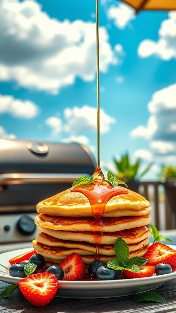fluffy pancakes topped syrup