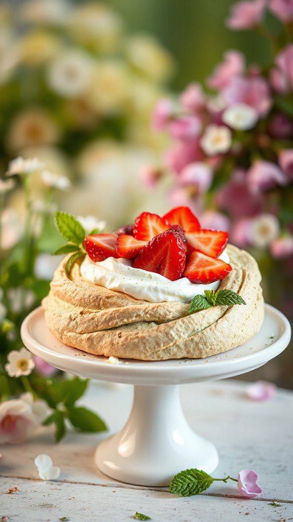 matcha pavlova with strawberries