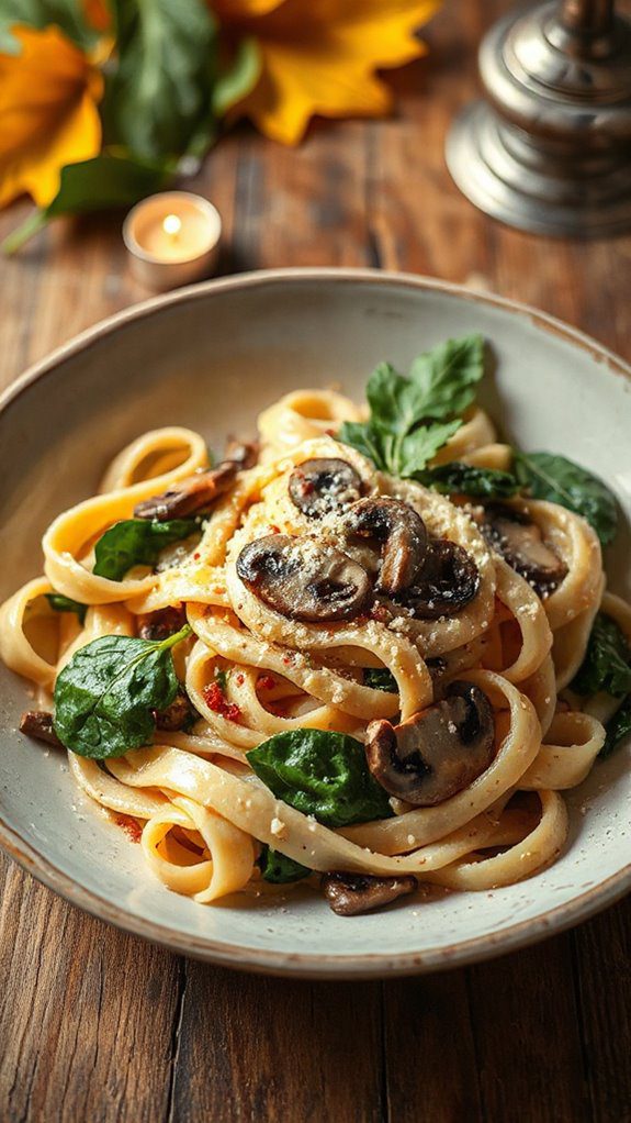 mushroom spinach pasta dish