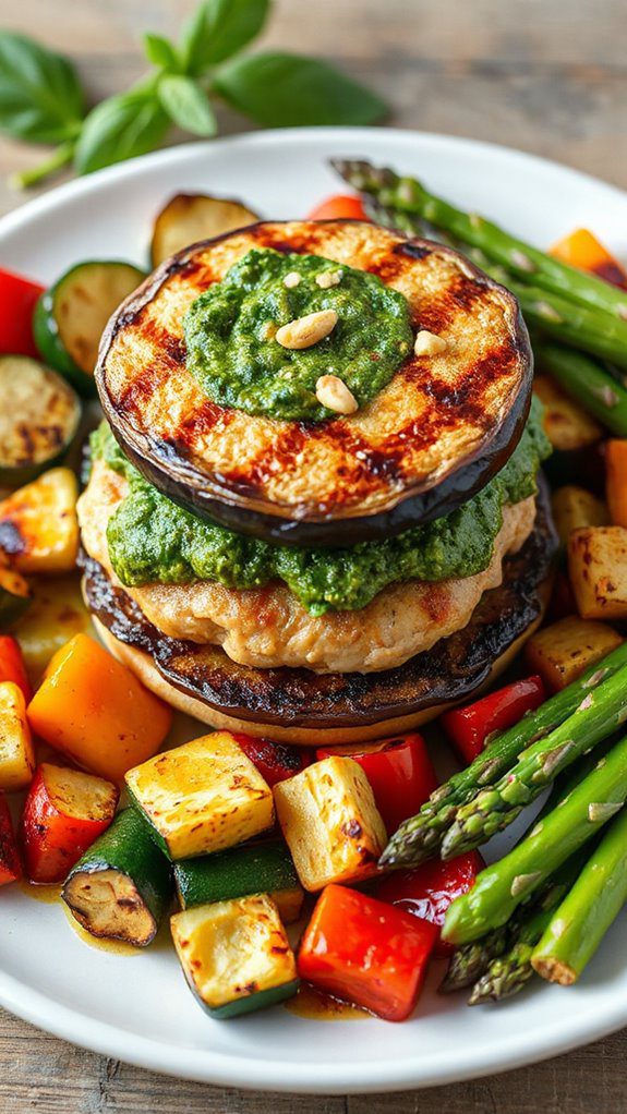 pesto infused chicken patties with vegetables