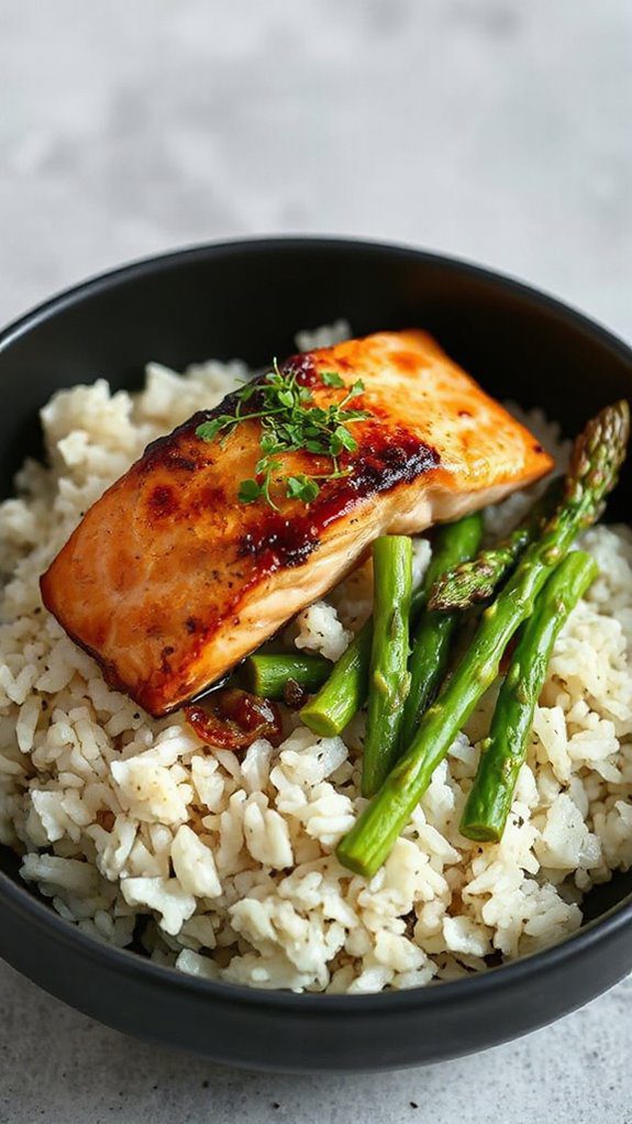 salmon asparagus rice bowl