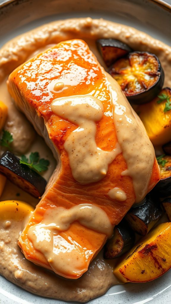 salmon topped with hummus salmon topped with hummus