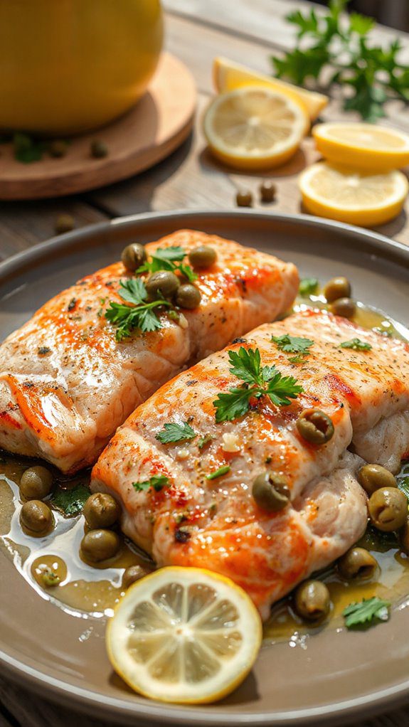 salmon topped with olives