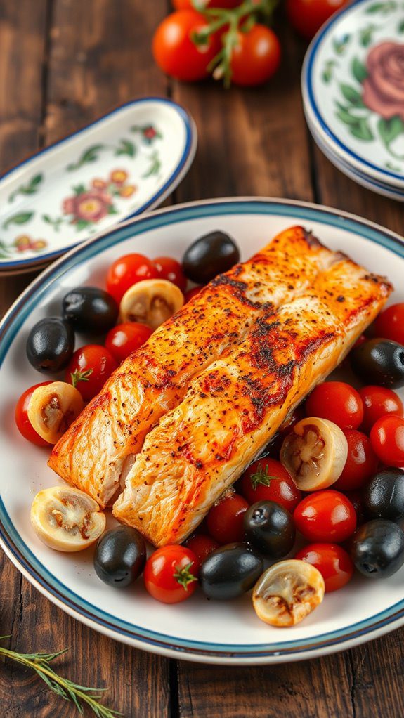 salmon topped with olives