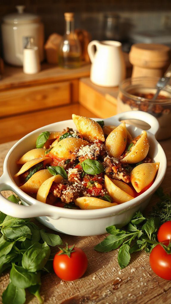 sausage filled spinach pasta shells