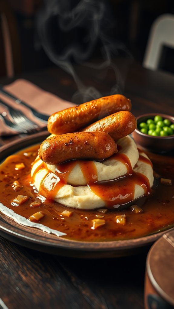 sausages served with gravy sausages served with gravy