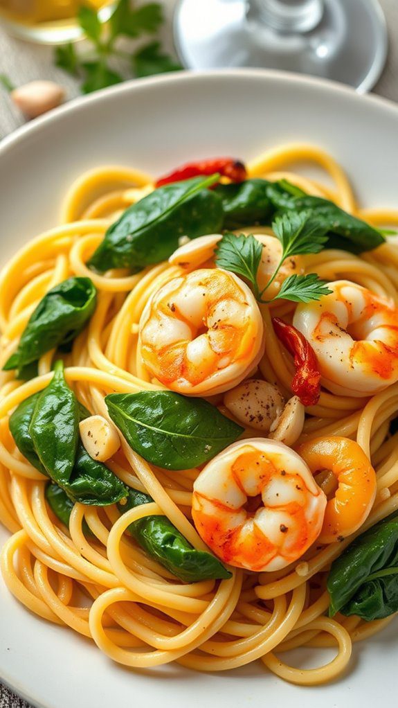 shrimp spinach pasta dish