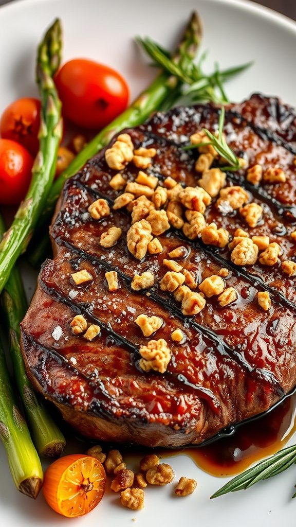 steak topped with walnuts