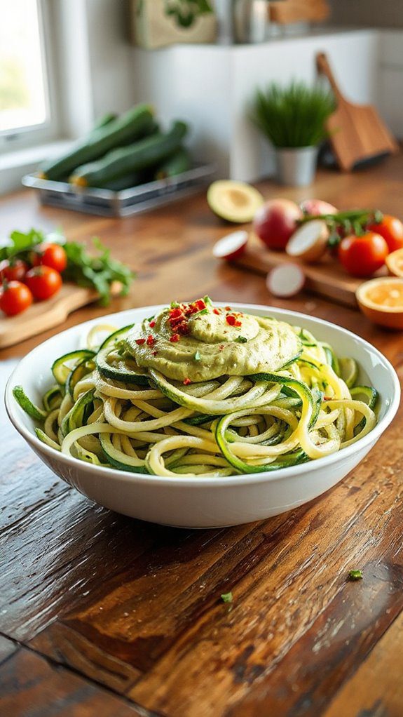 zucchini noodles topped with avocado
