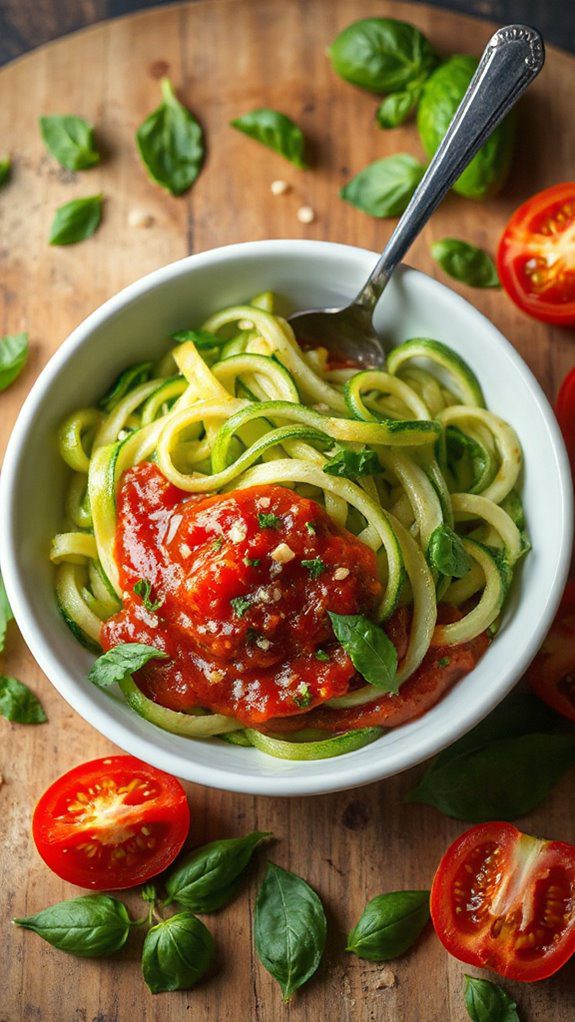 zucchini noodles topped with marinara