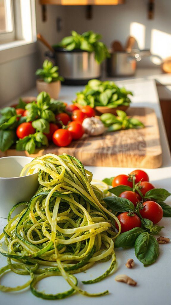 zucchini noodles topped with pesto