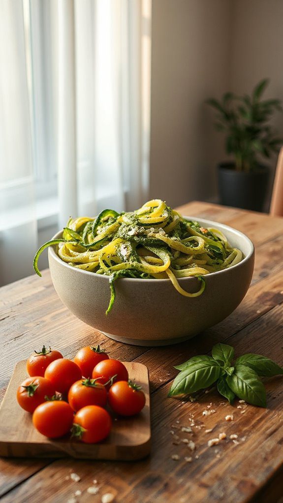 zucchini noodles topped with pesto zucchini noodles topped with pesto
