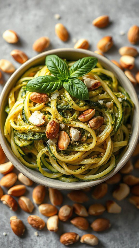zucchini noodles topped with pesto