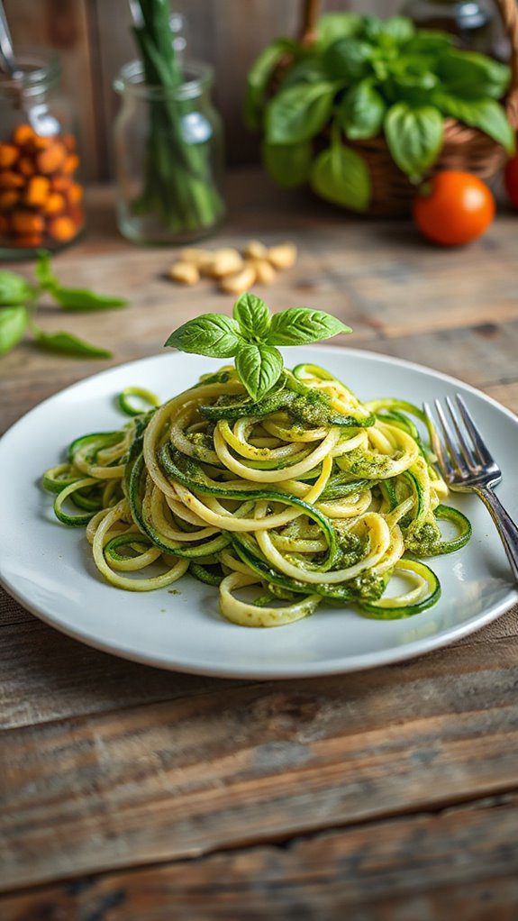 zucchini noodles topped with pesto