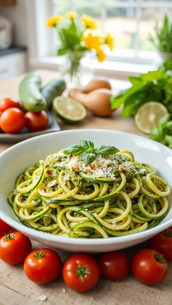 zucchini noodles tossed with pesto
