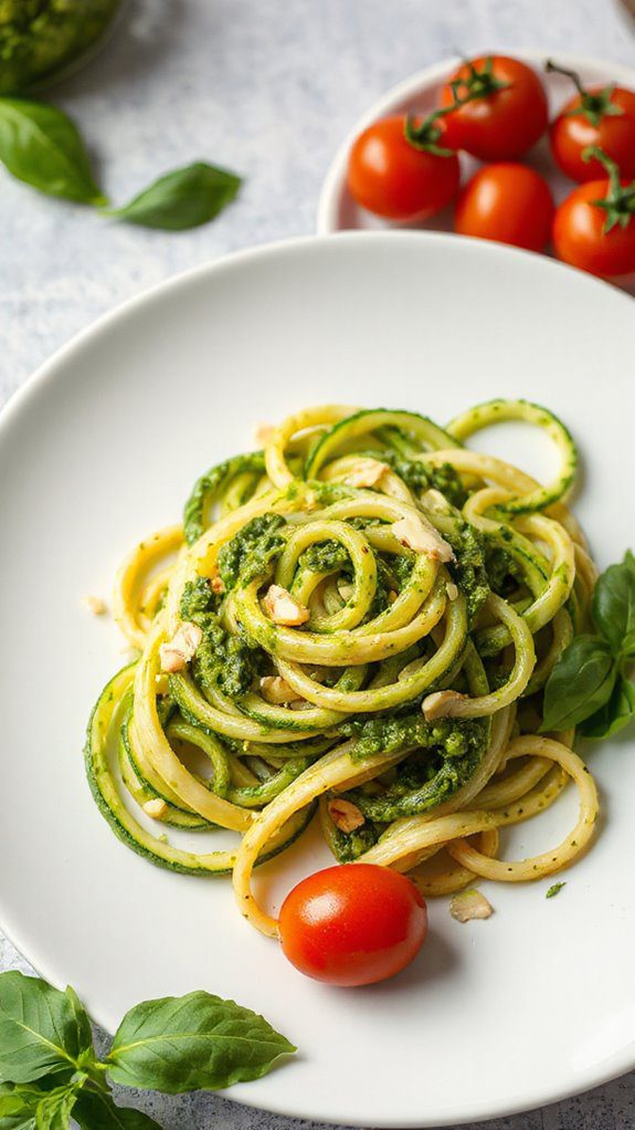 zucchini pasta topped with pesto