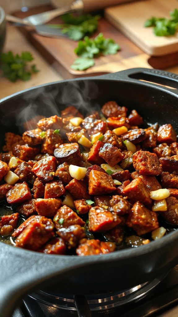 browned chorizo in skillet browned chorizo in skillet
