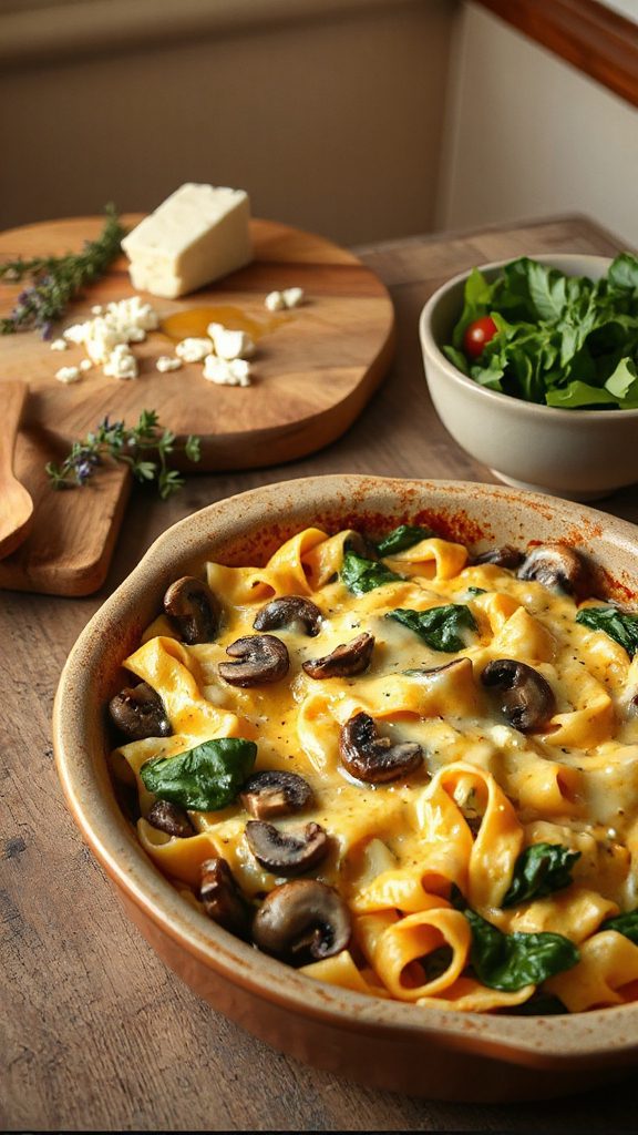cheesy spinach mushroom pasta bake