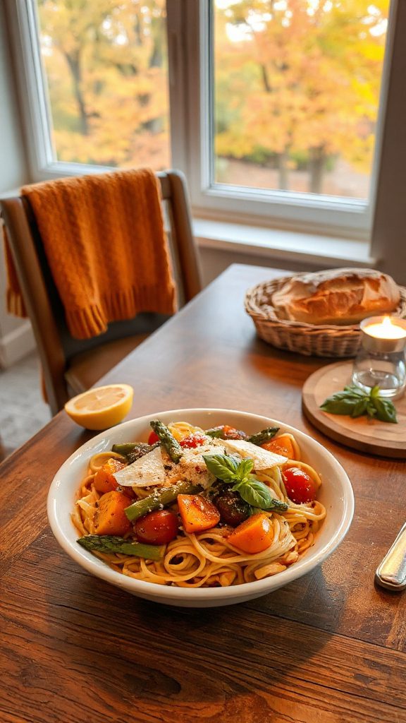 colorful autumn vegetable pasta