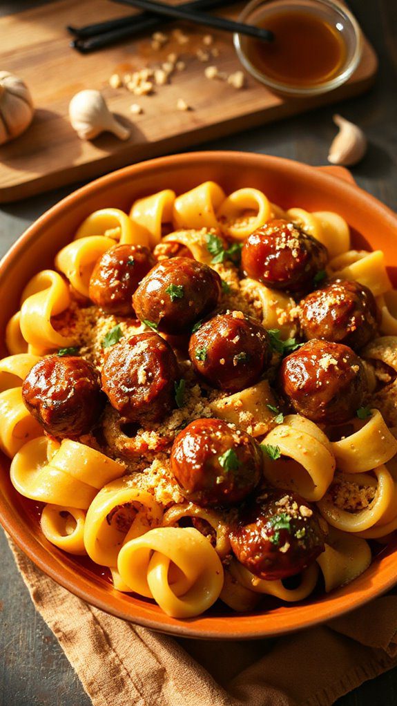 maple bourbon meatball pasta bake