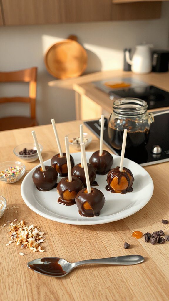 preparing mini chocolate dipped apples