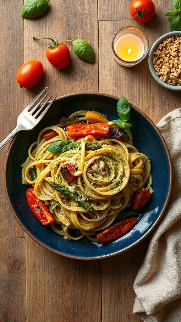 roasted vegetable pesto fettuccine