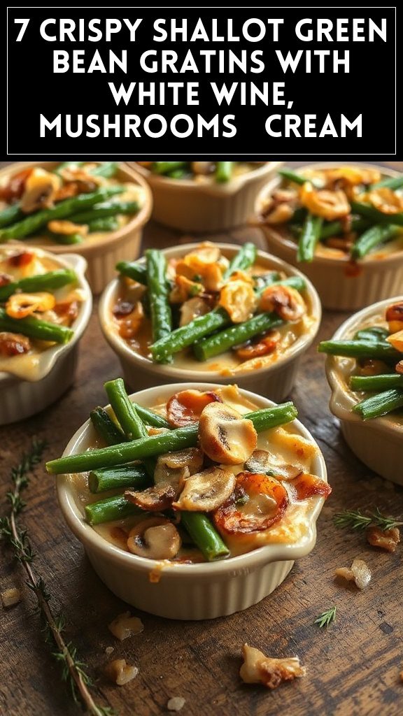 7 Crispy Shallot Green Bean Gratins With White Wine, Mushrooms & Cream