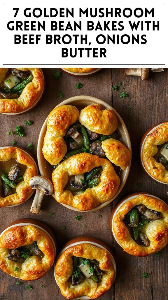 7 Golden Mushroom Green Bean Bakes With Beef Broth, Onions & Butter