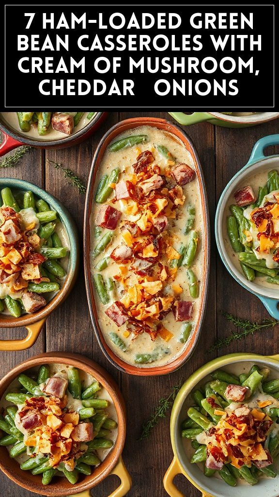 7 Ham-Loaded Green Bean Casseroles With Cream of Mushroom, Cheddar & Onions