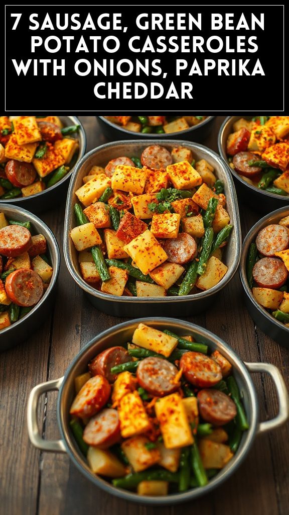 7 Sausage, Green Bean & Potato Casseroles With Onions, Paprika & Cheddar