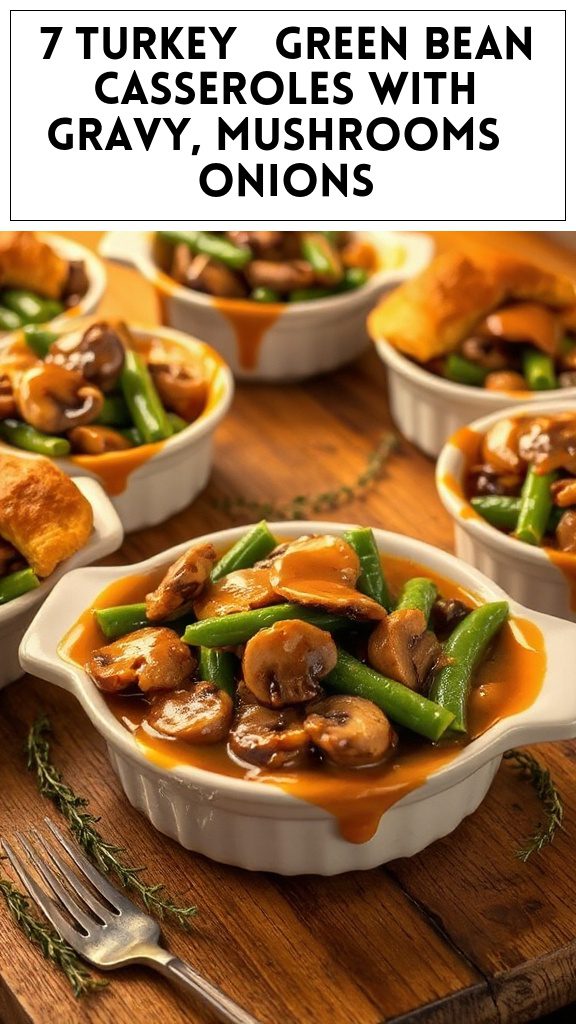 7 Turkey & Green Bean Casseroles With Gravy, Mushrooms & Onions