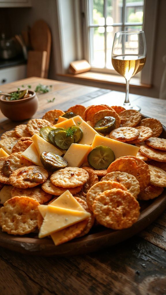 cheddar pickles mustard crackers