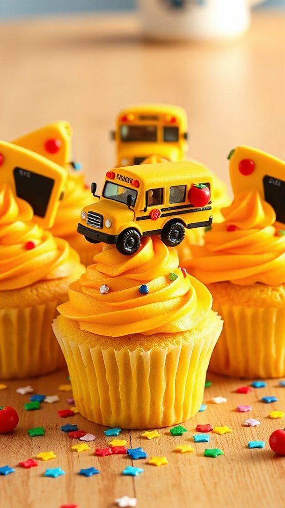 cheerful yellow school bus cupcakes