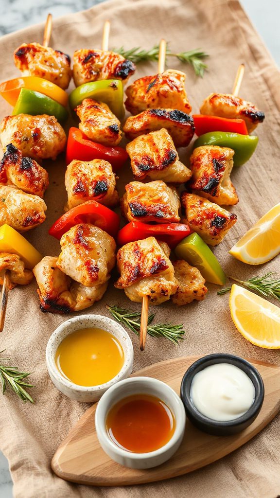 chicken skewers with dips