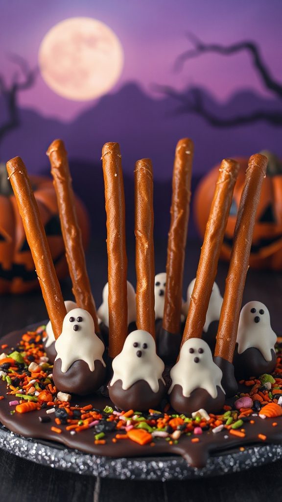 chocolate dipped pretzel ghosts