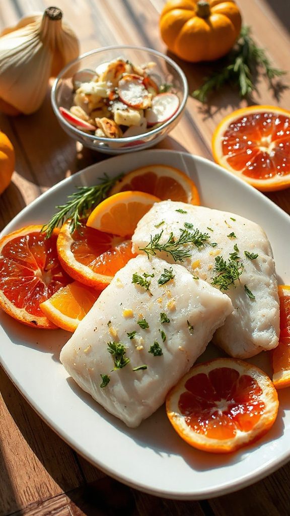 citrus infused poached cod dish